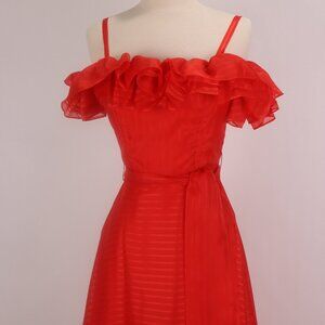 🌺 Vtg Red Chiffon Long Taffeta Off The Shoulder Tropical Dress Gown Party Maxi